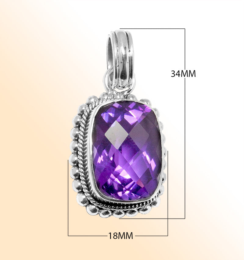 Handmade sterling silver pendant with faceted Amethyst Quartz, artisan crafted in Bali