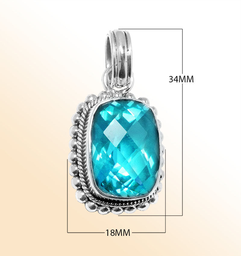 Handmade sterling silver pendant with cushion-cut Blue Topaz Quartz, artisan crafted in Bali