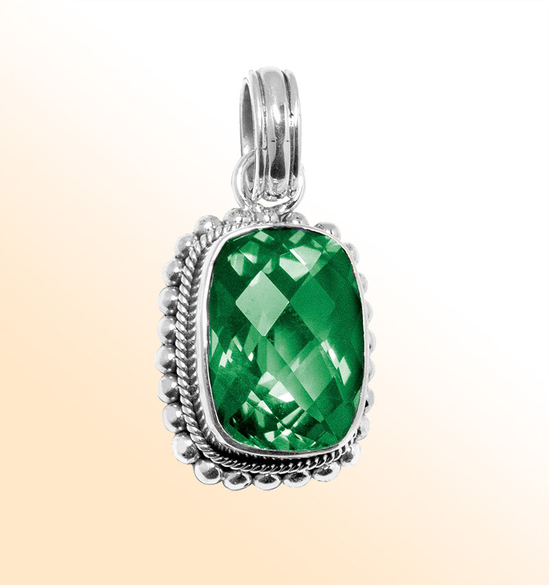 Handmade sterling silver pendant with faceted Green Quartz, artisan crafted in Bali