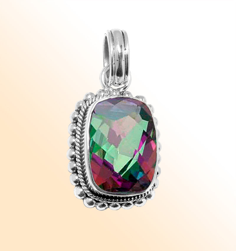 Handmade sterling silver pendant with faceted Mystic Topaz Quartz, artisan crafted in Bali