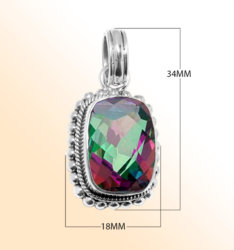 Handmade sterling silver pendant with faceted Mystic Topaz Quartz, artisan crafted in Bali