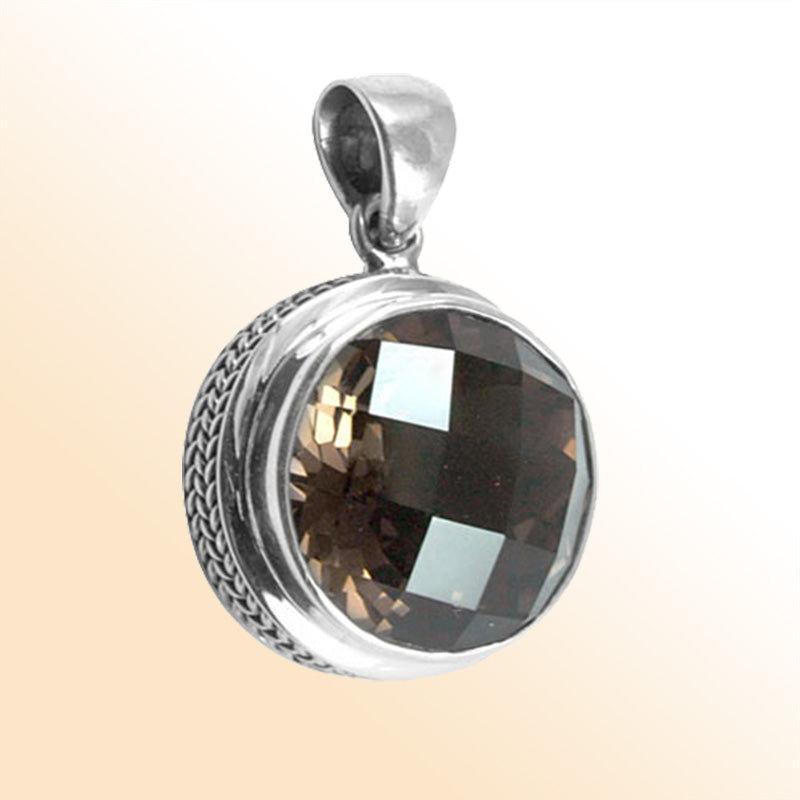 Handmade sterling silver round pendant with faceted Smoky Topaz Quartz, artisan crafted in Bali