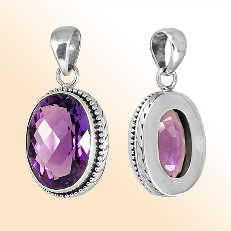 Handmade sterling silver oval pendant with faceted Amethyst Quartz and dotted border, artisan crafted in Bali