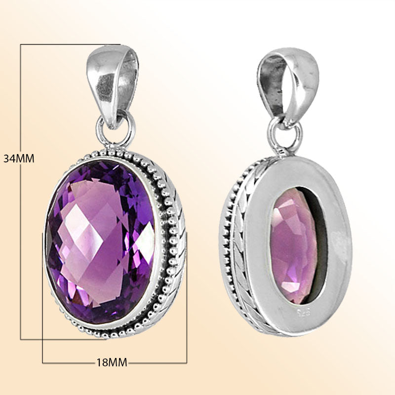 Handmade sterling silver oval pendant with faceted Amethyst Quartz and dotted border, artisan crafted in Bali