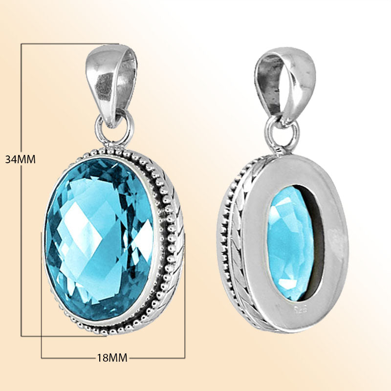 Elegant sterling silver pendant with Blue Topaz Quartz, handcrafted in Bali with oval bezel design.