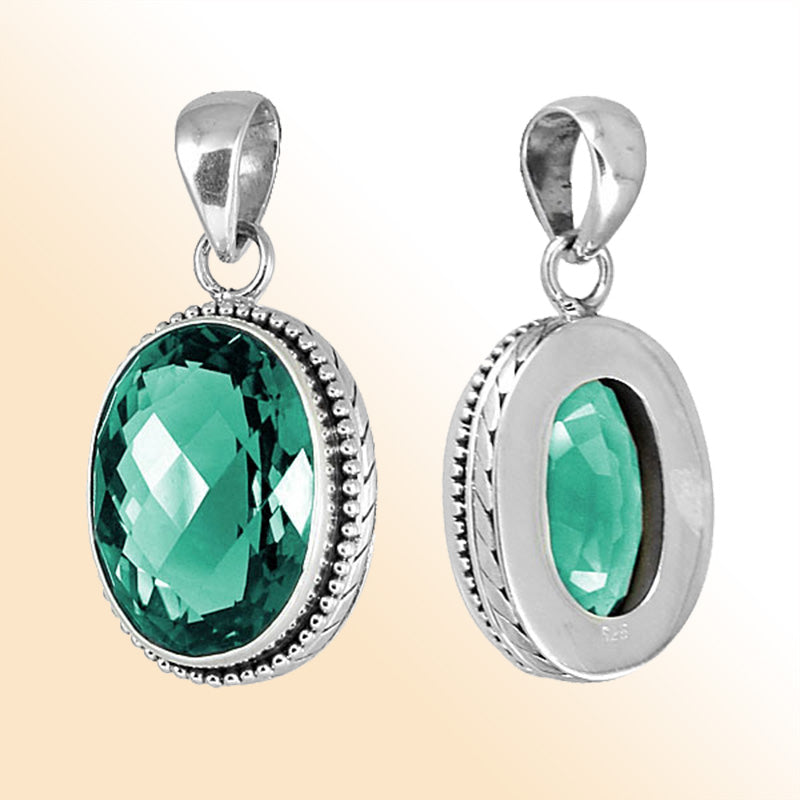 Elegant sterling silver pendant with faceted green quartz oval, handcrafted in Bali