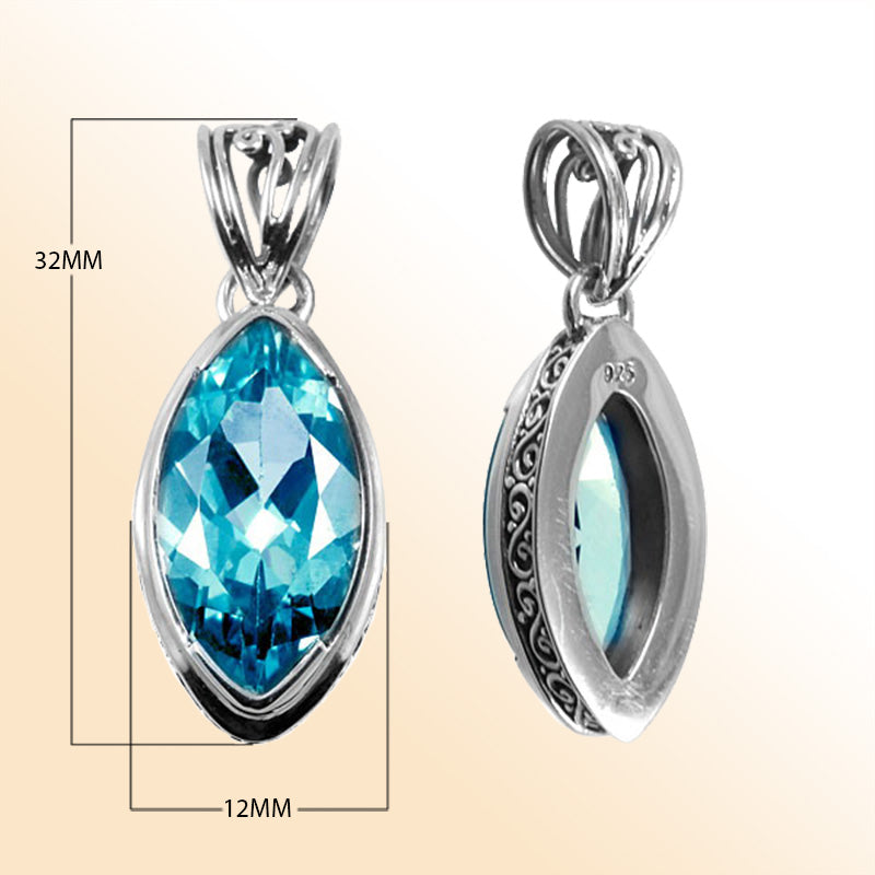 Handmade Blue Topaz Quartz marquise pendant in sterling silver with Balinese scroll accents, artisan silver jewelry from Bali.