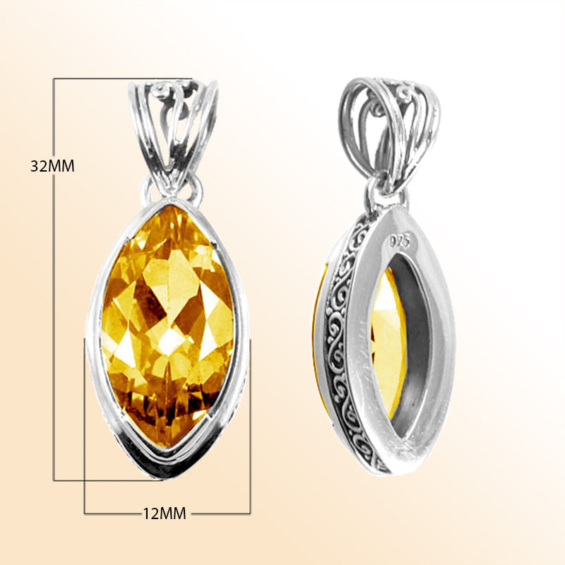 Handmade Citrine Quartz marquise pendant in sterling silver with Balinese scroll accents, artisan jewelry from Bali.