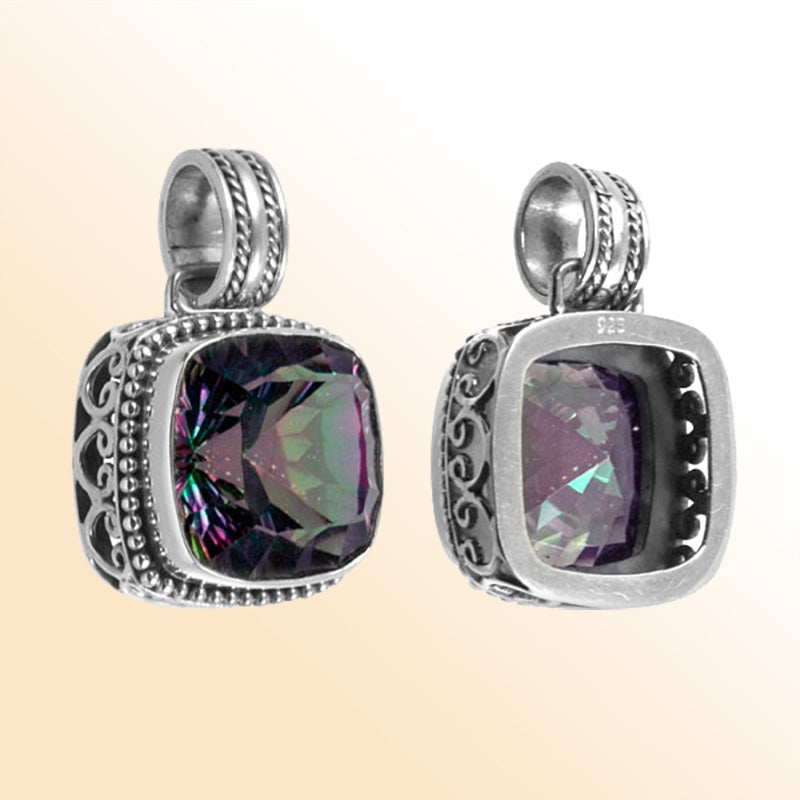 Handmade Mystic Topaz Quartz cushion pendant in sterling silver with Balinese scroll and beaded accents, artisan jewelry from Bali.