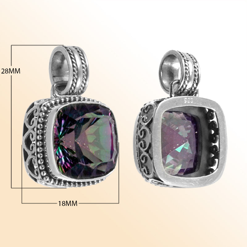 Handmade Mystic Topaz Quartz cushion pendant in sterling silver with Balinese scroll and beaded accents, artisan jewelry from Bali.