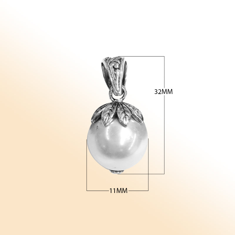 Handmade Shell Pearl round pendant in sterling silver with leaf cap design, artisan jewelry from Bali.