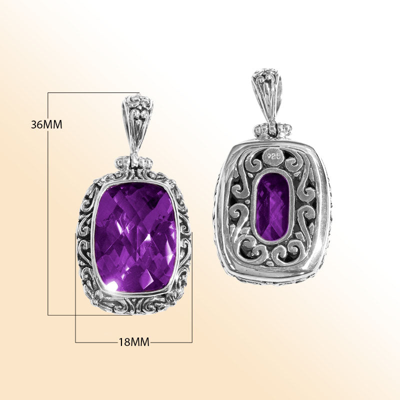 Handmade Amethyst Quartz rectangular pendant in sterling silver with Balinese scroll accents, artisan jewelry from Bali.
