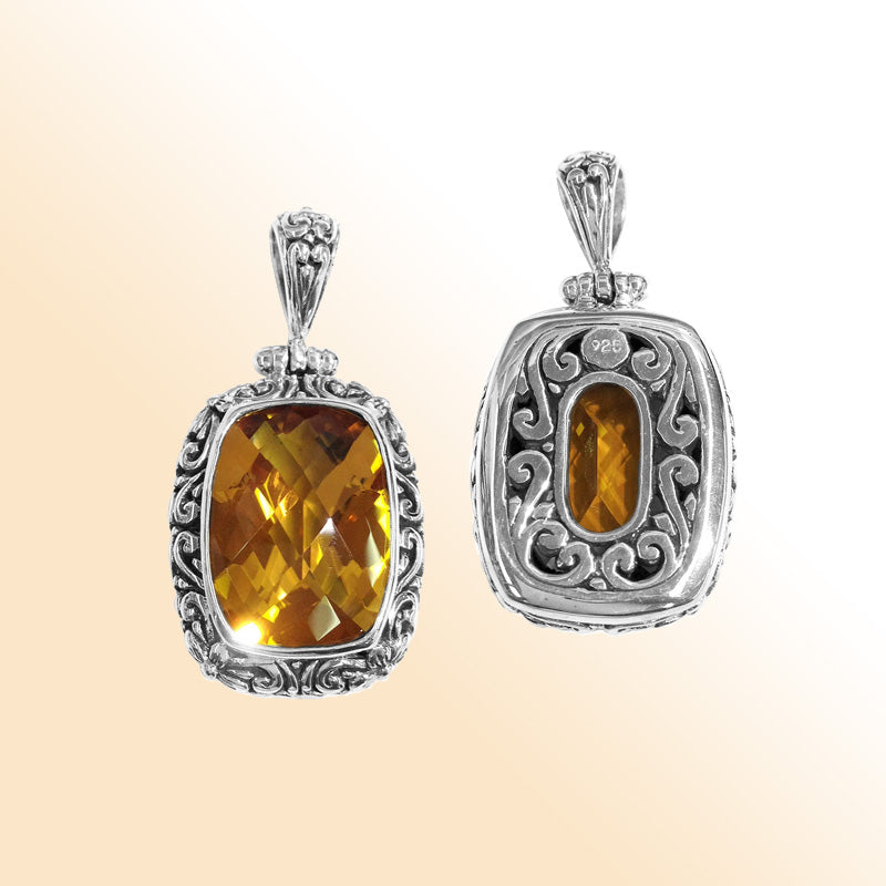 Handmade Citrine Quartz rectangular pendant in sterling silver with Balinese scroll accents, artisan jewelry from Bali.