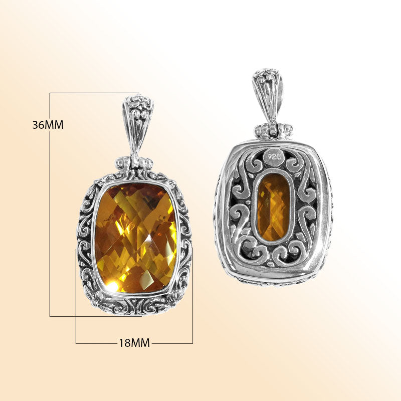 Handmade Citrine Quartz rectangular pendant in sterling silver with Balinese scroll accents, artisan jewelry from Bali.