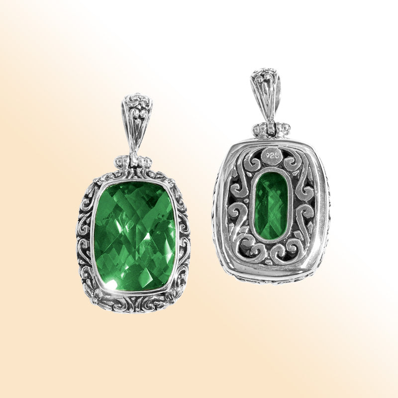 Handmade Green Quartz rectangular pendant in sterling silver with Balinese scroll detailing, artisan jewelry from Bali.