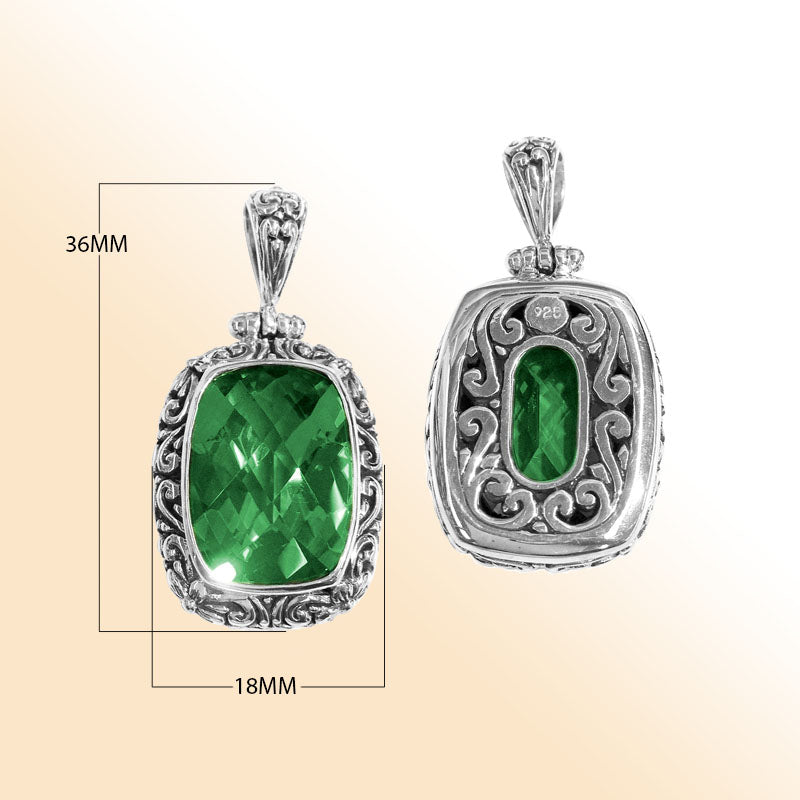 Handmade Green Quartz rectangular pendant in sterling silver with Balinese scroll detailing, artisan jewelry from Bali.