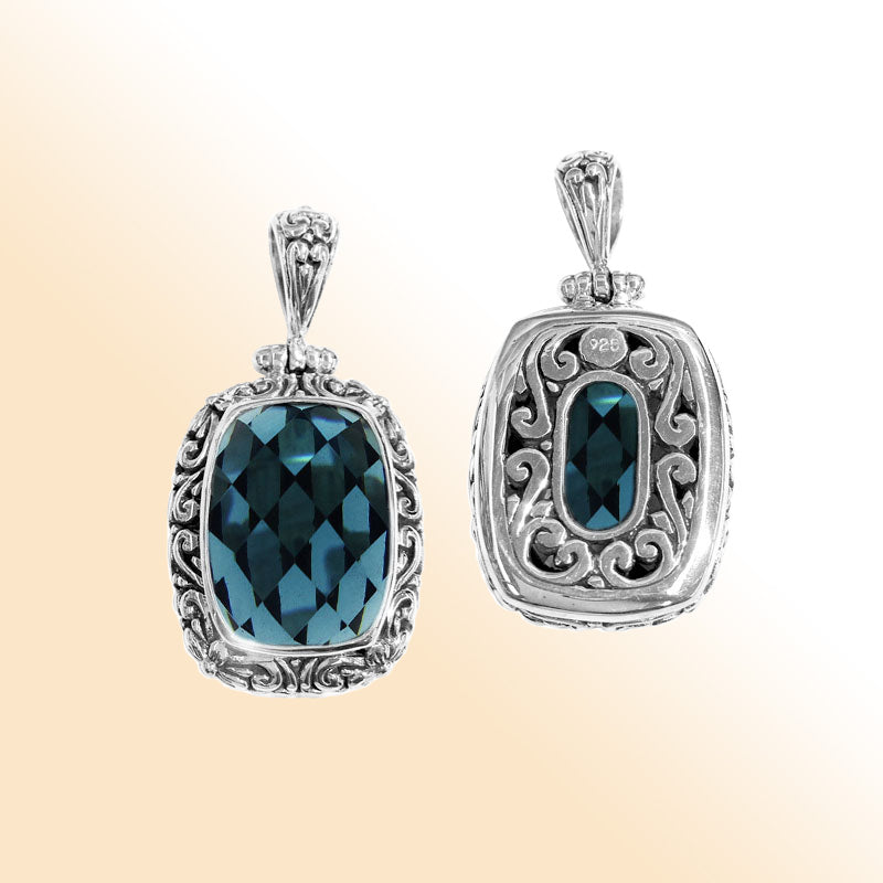 Handmade London Blue Topaz Quartz rectangular pendant in sterling silver with Balinese scroll accents, artisan jewelry from Bali.