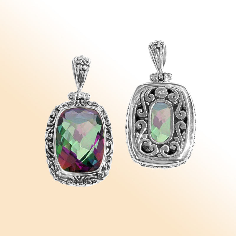 Handmade Mystic Topaz Quartz rectangular pendant in sterling silver with Balinese scroll accents, artisan jewelry from Bali.