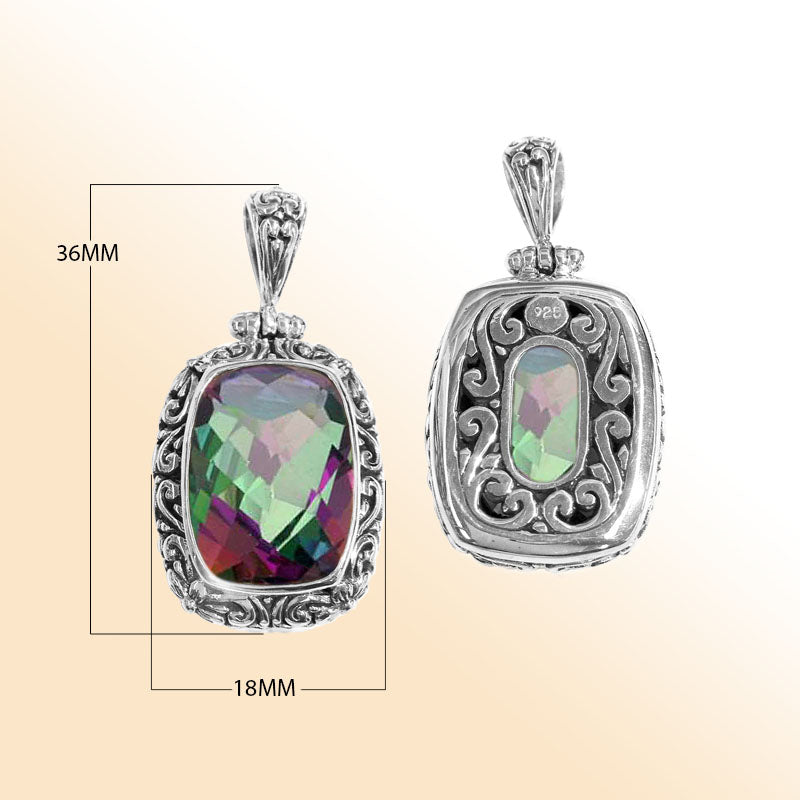 Handmade Mystic Topaz Quartz rectangular pendant in sterling silver with Balinese scroll accents, artisan jewelry from Bali.
