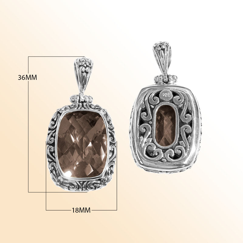 Handmade Smoky Quartz rectangular pendant in sterling silver with Balinese scroll accents, artisan jewelry from Bali.