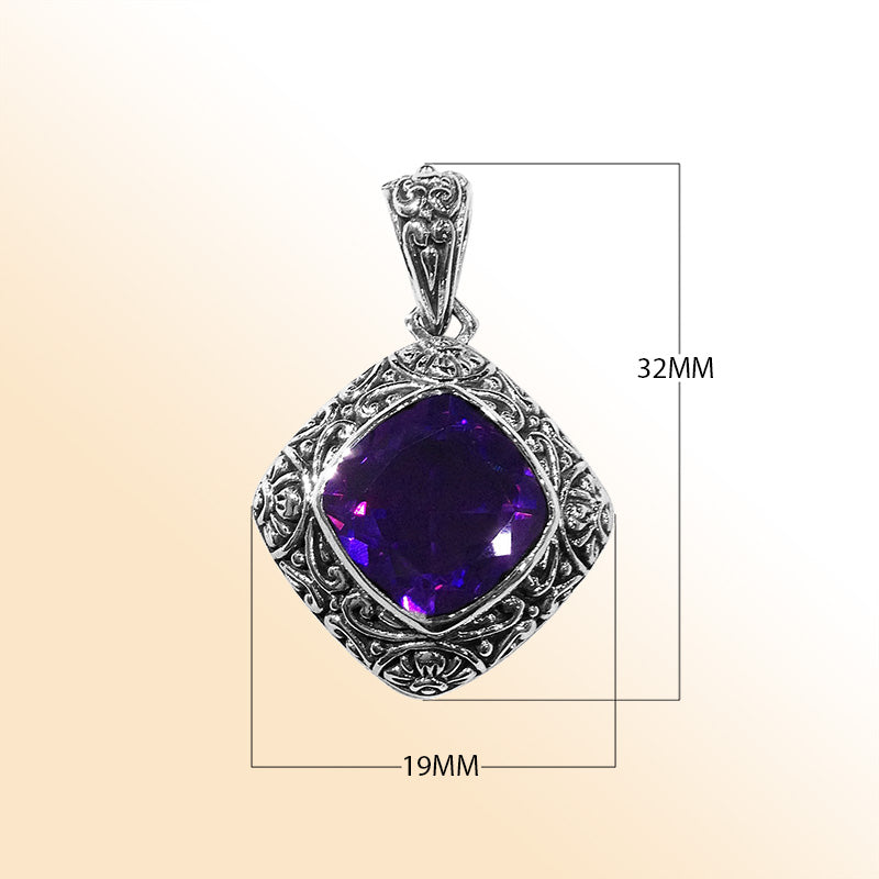 Handmade Bali silver pendant featuring cushion-cut Amethyst Quartz with oxidized finish.