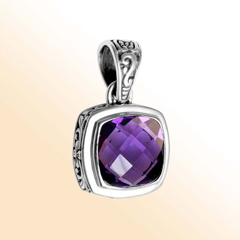 Retail Amethyst Quartz sterling silver pendant with cushion cut and Balinese handcrafted details.