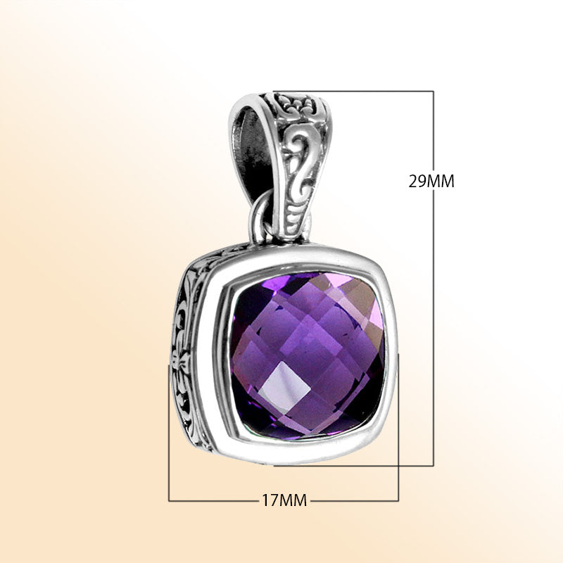 Retail Amethyst Quartz sterling silver pendant with cushion cut and Balinese handcrafted details.