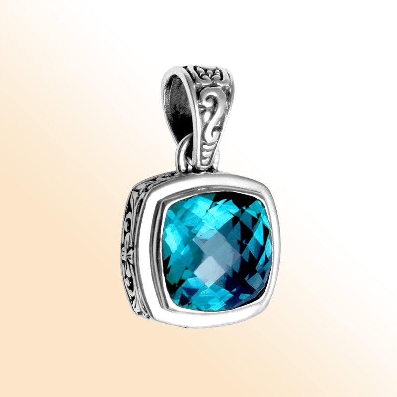 Retail Blue Topaz Quartz sterling silver pendant with cushion cut and Balinese handcrafted design.