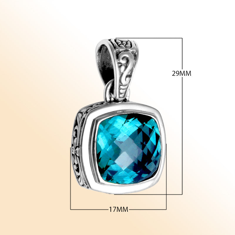 Retail Blue Topaz Quartz sterling silver pendant with cushion cut and Balinese handcrafted design.