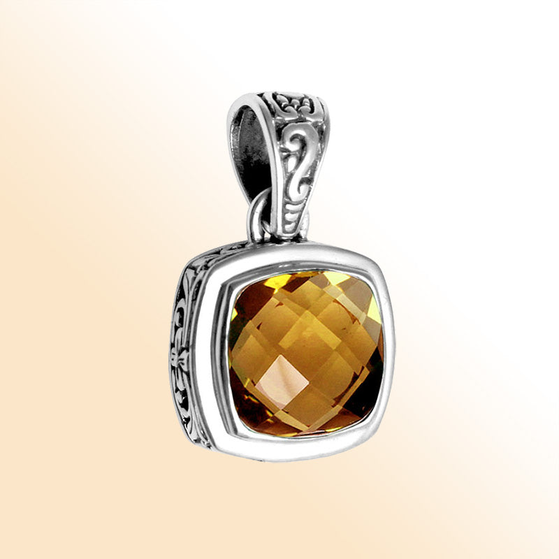 Retail Citrine Quartz sterling silver pendant with cushion cut and Balinese handcrafted design.