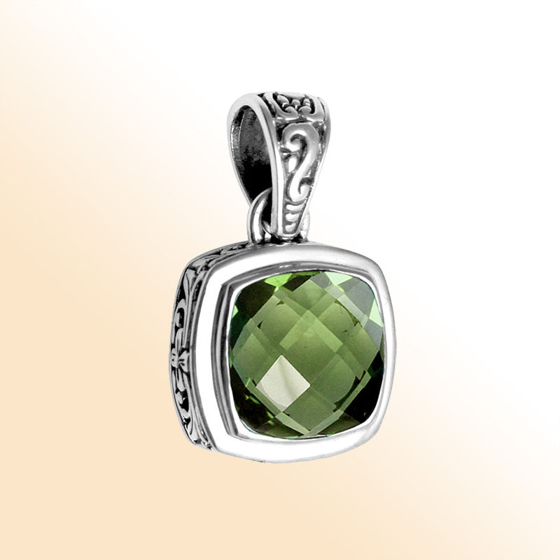 Retail Green Amethyst Quartz sterling silver pendant with cushion cut and Balinese handcrafted details.