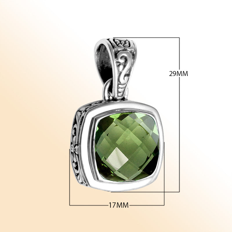 Retail Green Amethyst Quartz sterling silver pendant with cushion cut and Balinese handcrafted details.