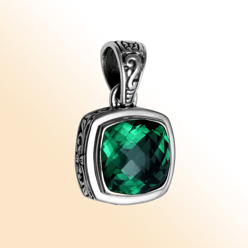 Retail Green Quartz sterling silver pendant with cushion cut and Balinese handcrafted details.