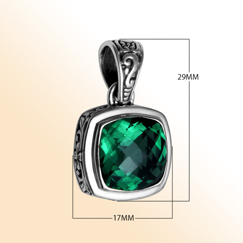 Retail Green Quartz sterling silver pendant with cushion cut and Balinese handcrafted details.