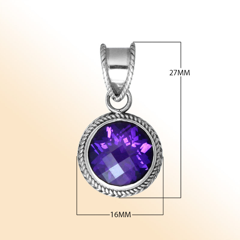 Retail Amethyst Quartz sterling silver round pendant with twisted rope bezel, handcrafted in Bali.