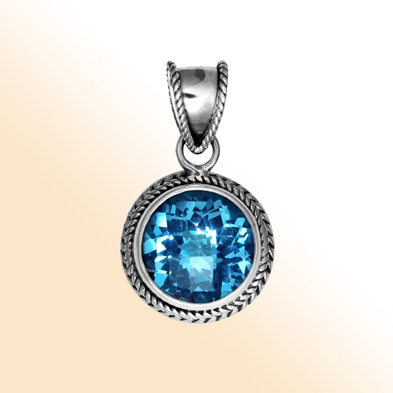 Retail Blue Topaz Quartz sterling silver round pendant with twisted rope bezel, handcrafted in Bali.