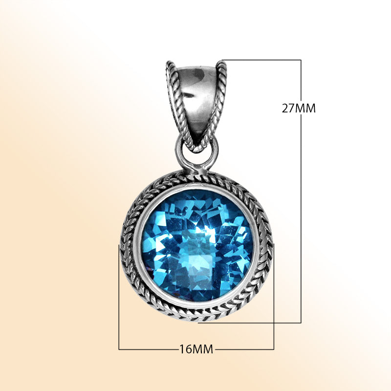 Retail Blue Topaz Quartz sterling silver round pendant with twisted rope bezel, handcrafted in Bali.