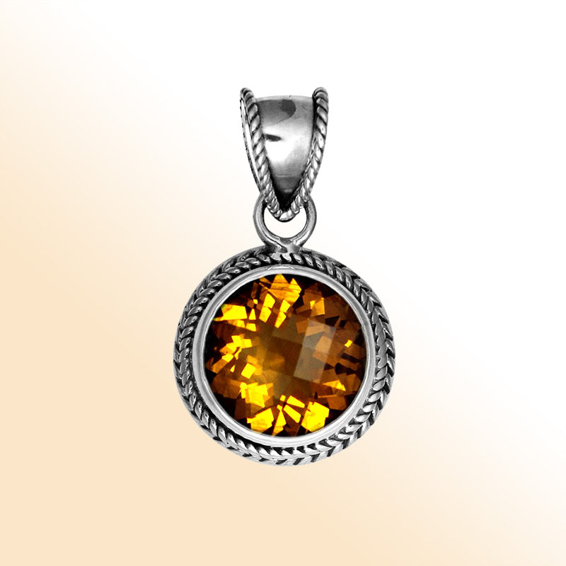 Retail Citrine Quartz sterling silver round pendant with twisted rope bezel, handcrafted in Bali.