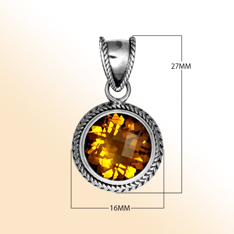 Retail Citrine Quartz sterling silver round pendant with twisted rope bezel, handcrafted in Bali.