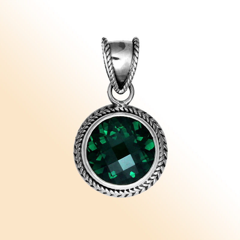 Handmade Bali Sterling Silver Pendant with Green Quartz in round bezel setting