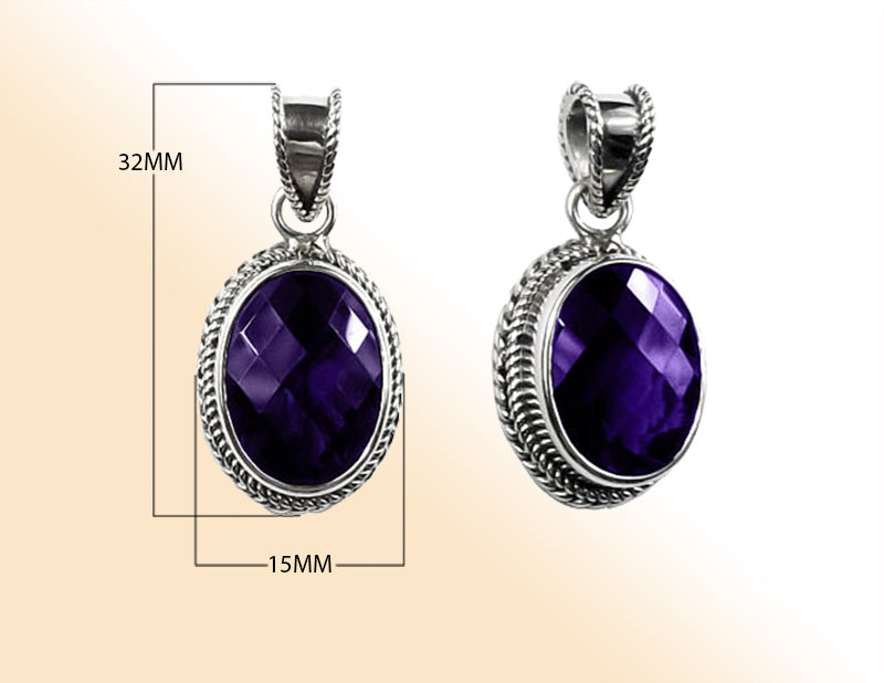 Handmade Sterling Silver Amethyst Quartz Oval Pendant with rope border from Bali