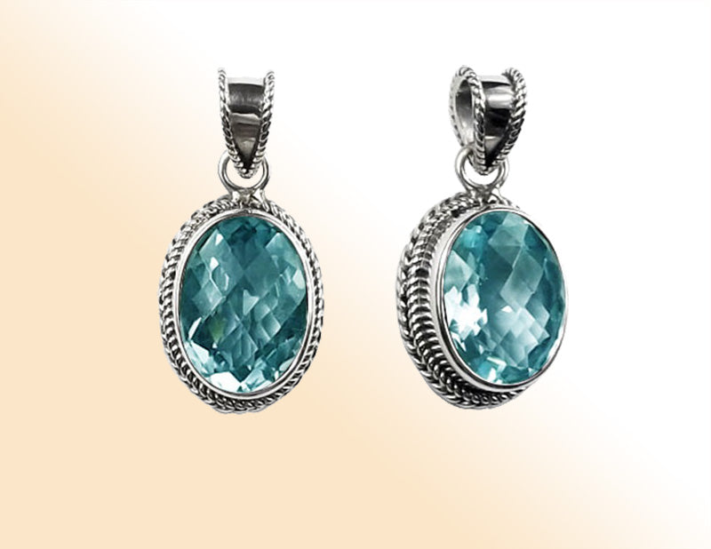 Handmade Sterling Silver Blue Topaz Quartz Oval Pendant with rope bezel from Bali