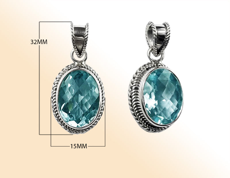 Handmade Sterling Silver Blue Topaz Quartz Oval Pendant with rope bezel from Bali
