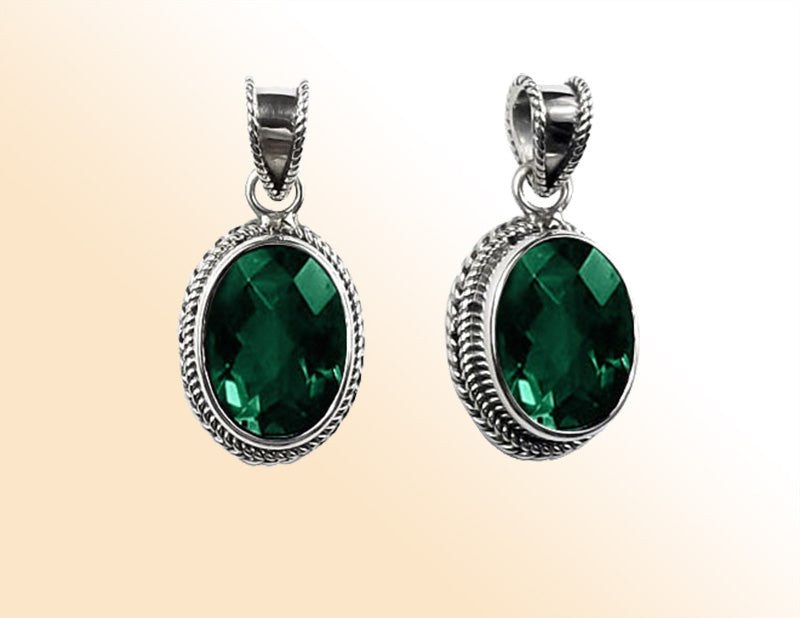 Handmade Sterling Silver Green Quartz Oval Pendant with rope border from Bali