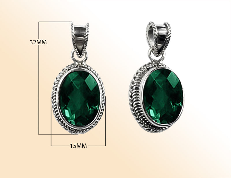 Handmade Sterling Silver Green Quartz Oval Pendant with rope border from Bali