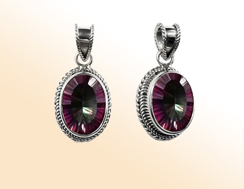 Handmade Sterling Silver Mystic Topaz Quartz Oval Pendant with rainbow hues from Bali