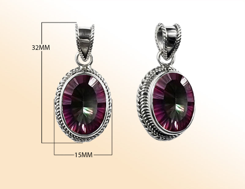 Handmade Sterling Silver Mystic Topaz Quartz Oval Pendant with rainbow hues from Bali