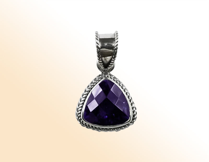 Handmade Sterling Silver Amethyst Quartz Trillion Pendant with rope border from Bali
