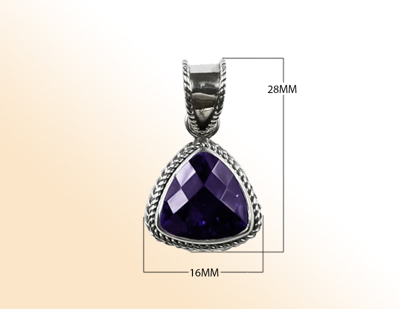 Handmade Sterling Silver Amethyst Quartz Trillion Pendant with rope border from Bali