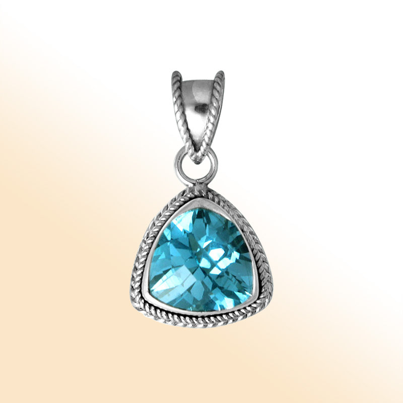 Handmade Sterling Silver Blue Topaz Quartz Trillion Pendant with rope border from Bali